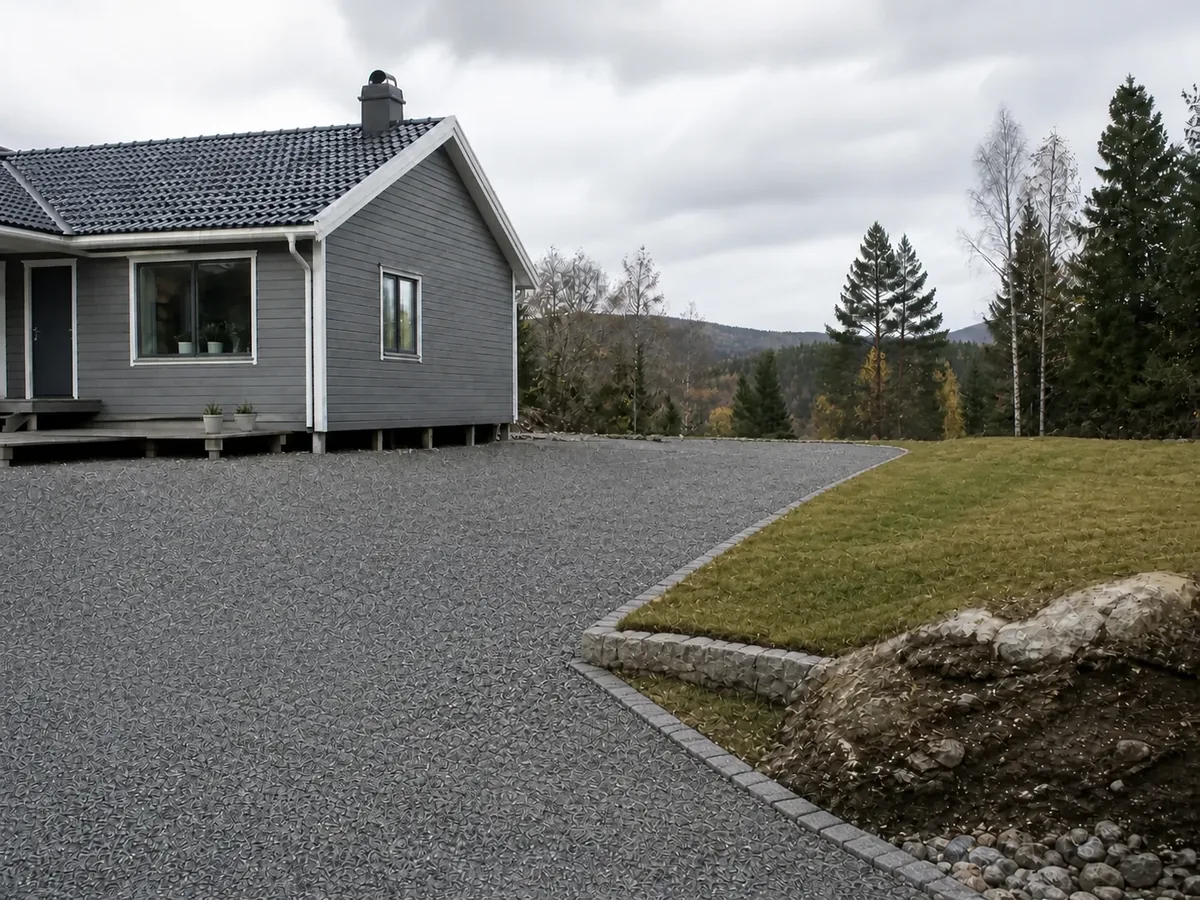 Samme boligtomt ferdig planert med sammenhengende grusgårdsplass og plen langs terrenget