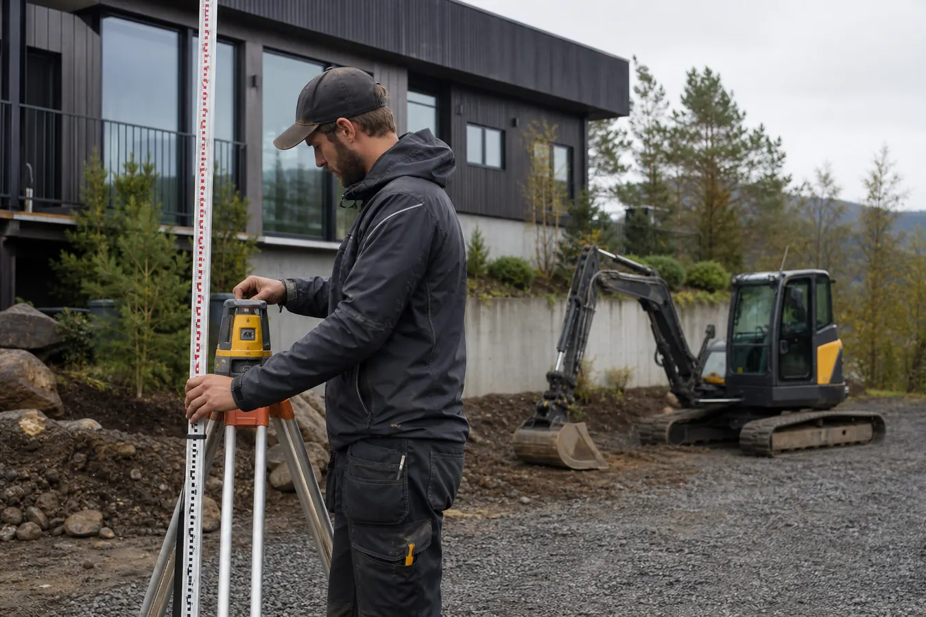 Fagperson kontrollerer høyder med måleutstyr på et mindre grunnarbeidsprosjekt