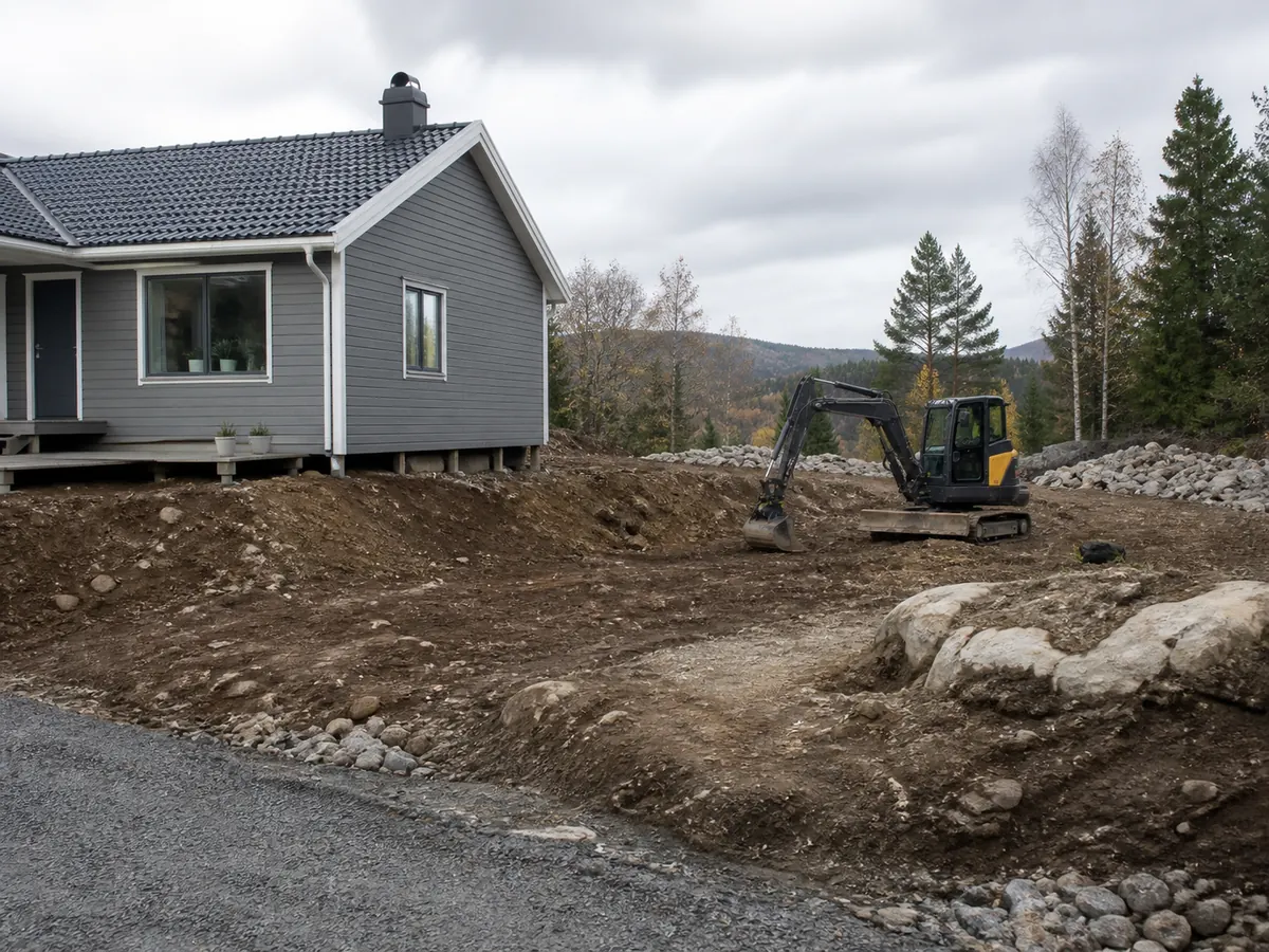Rå og uferdig boligtomt med gravemaskin og store nivåforskjeller
