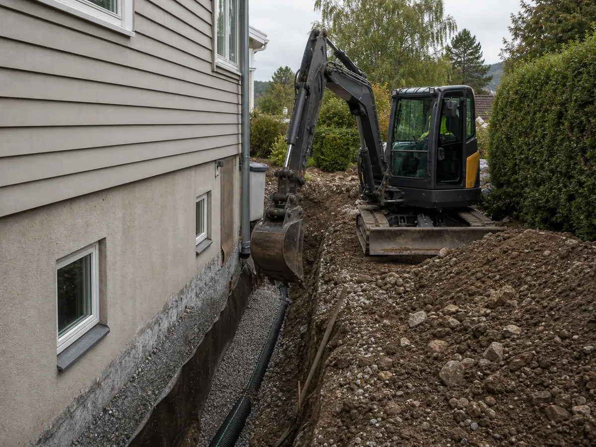 Gravemaskin utfører dreneringsarbeid langs grunnmuren på en norsk enebolig