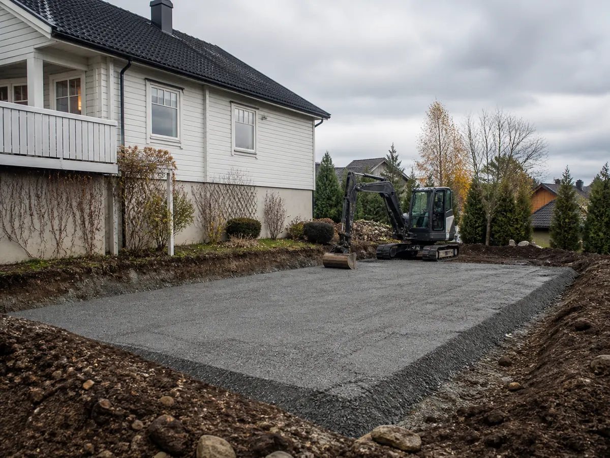 Planert og komprimert grunnlag for et tilbygg ved en norsk enebolig