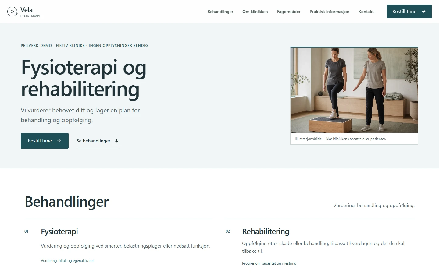 Forhåndsvisning av Peilverks klinikkmal Vela Klinikk