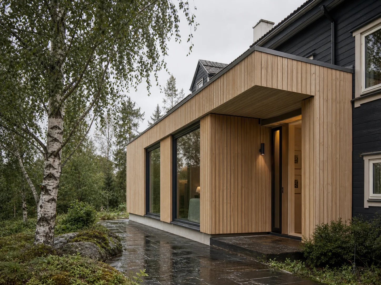 Eksempelprosjekt med nytt tilbygg i naturlig trekledning